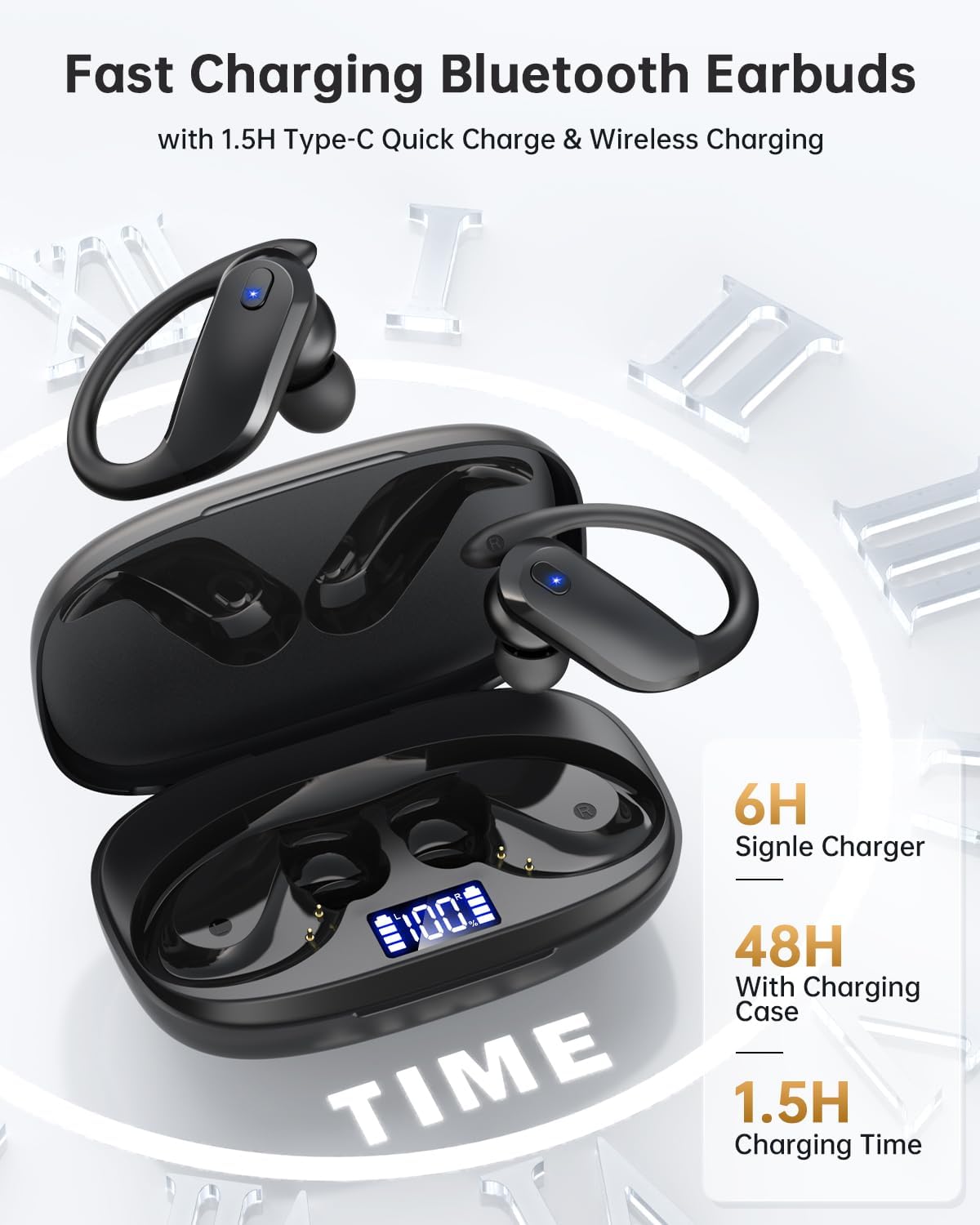 NDO T07 charging case and earbuds — 6h per charge, up to 48h total, USB-C fast charge
