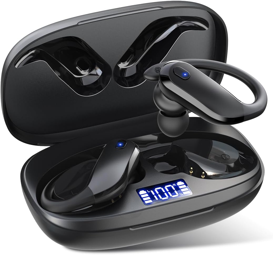 NDO T07 black earbuds with ear-hooks in open LED charging case