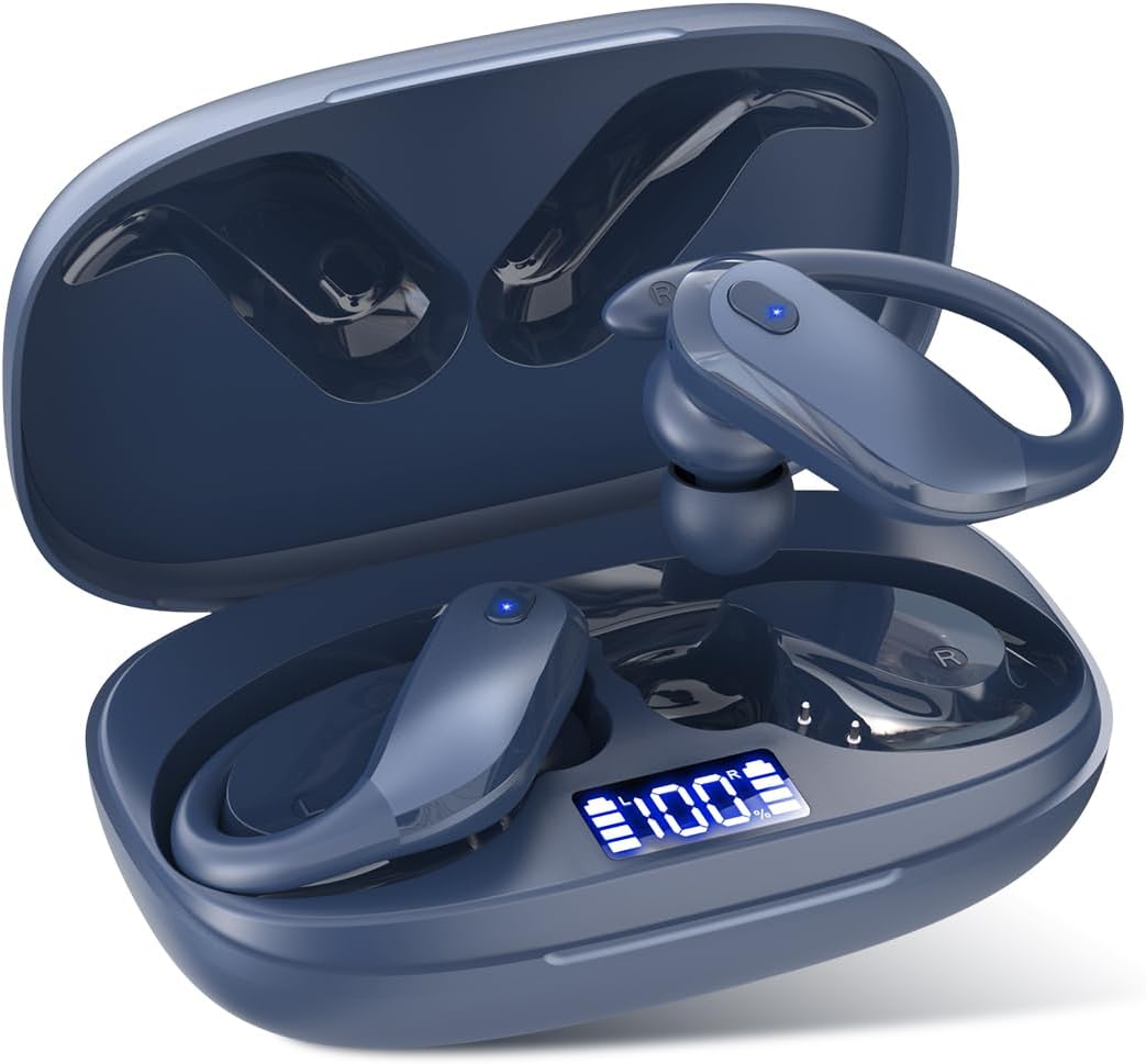 NDO T07 wireless earbuds in blue with ear-hooks, open charging case with LED display