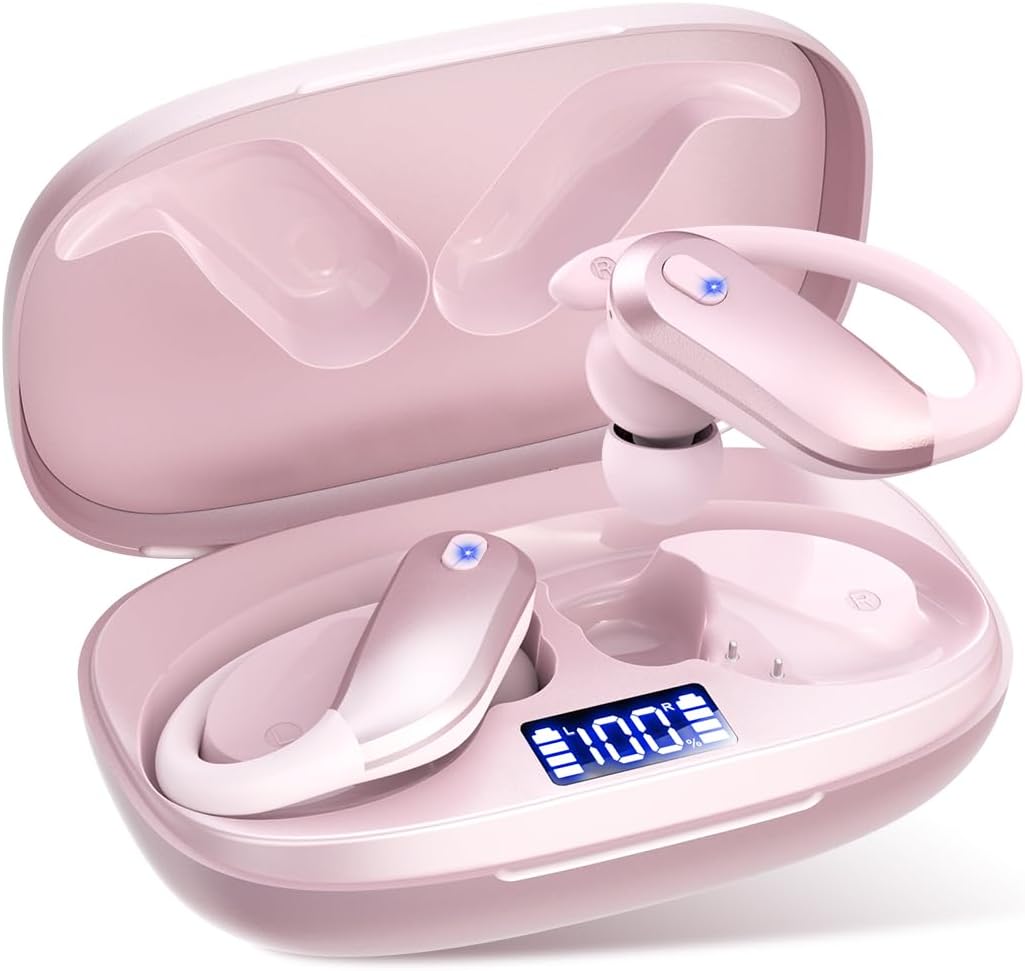 NDO T07 wireless earbuds in pink, open charging case with LED display and ear-hooks