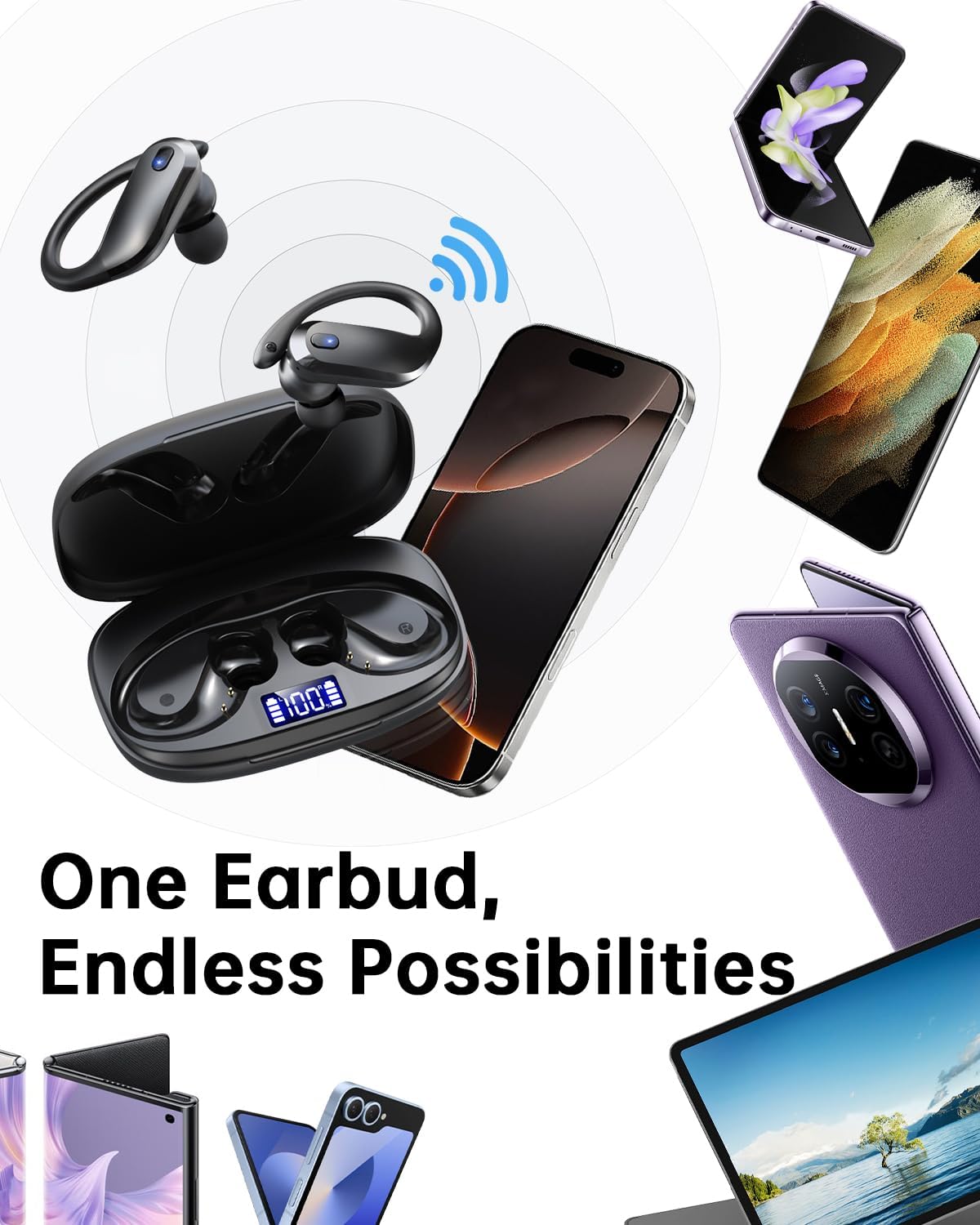 NDO T07 wireless earbuds — single-earbud use with phones and laptops